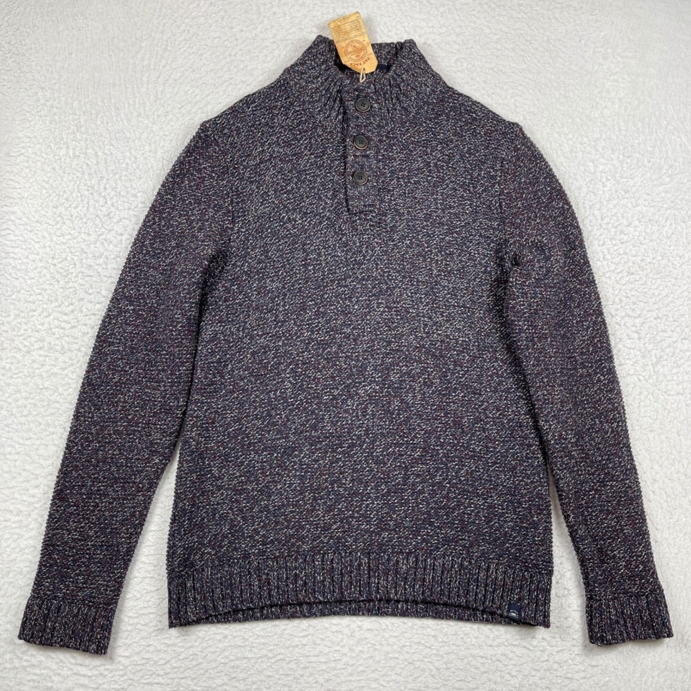 Fat Face Sweater Mens Large Plum Purple Marl Mock Neck‎ Button Henley NEW